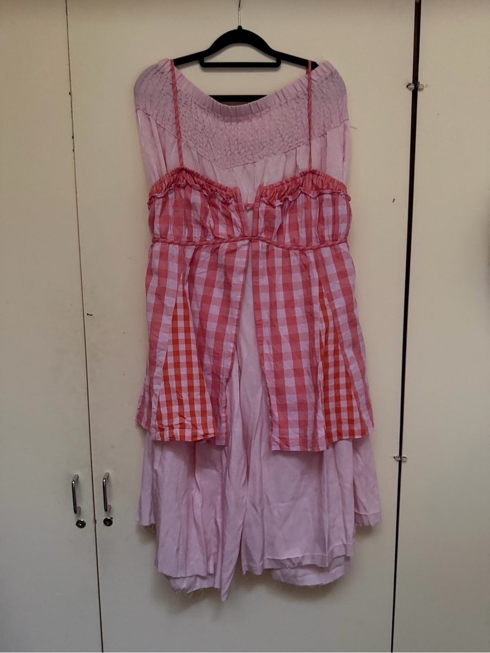 Anthropologie Pink and Coral top with  Gingham Wide-Leg pans.